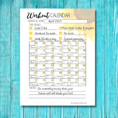 Workout Planner & Calendar Journal (Sunflower Themed)